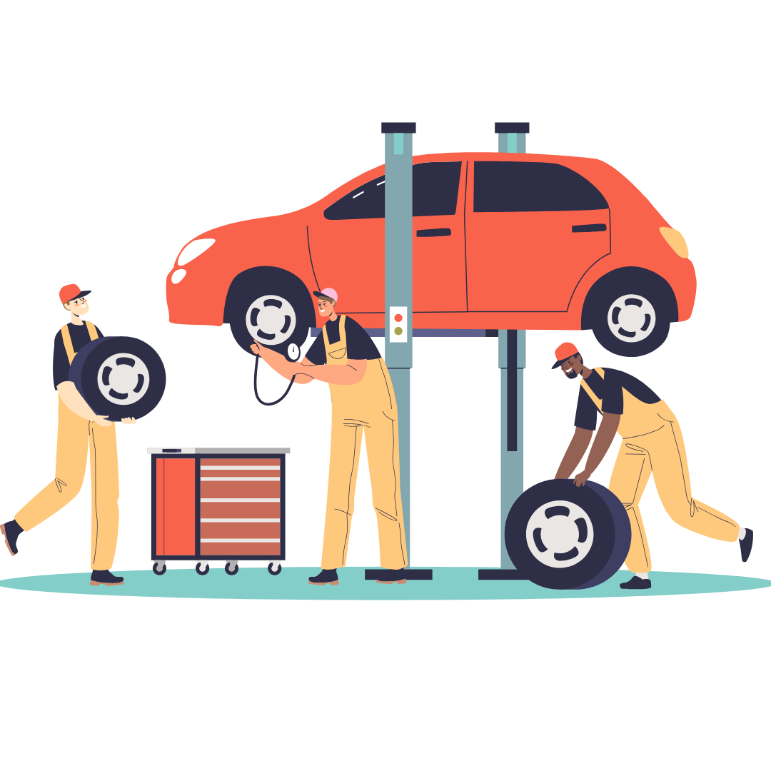 Mobile tyre technicians servicing a vehicle