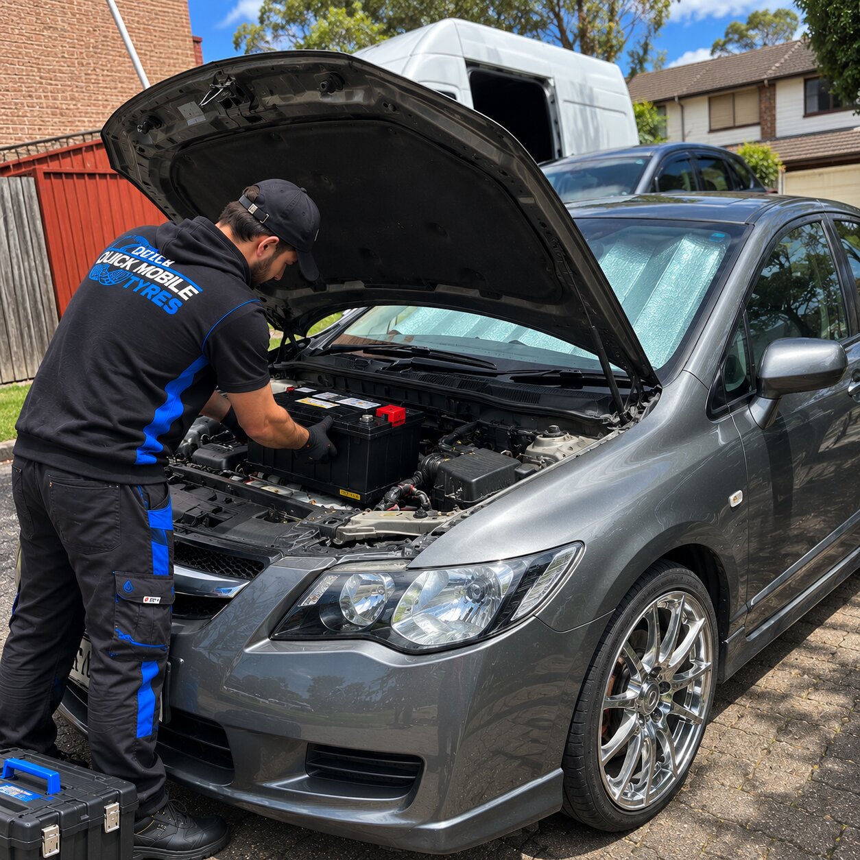 Mobile vehicle battery replacement service Sydney - technician replacing car battery